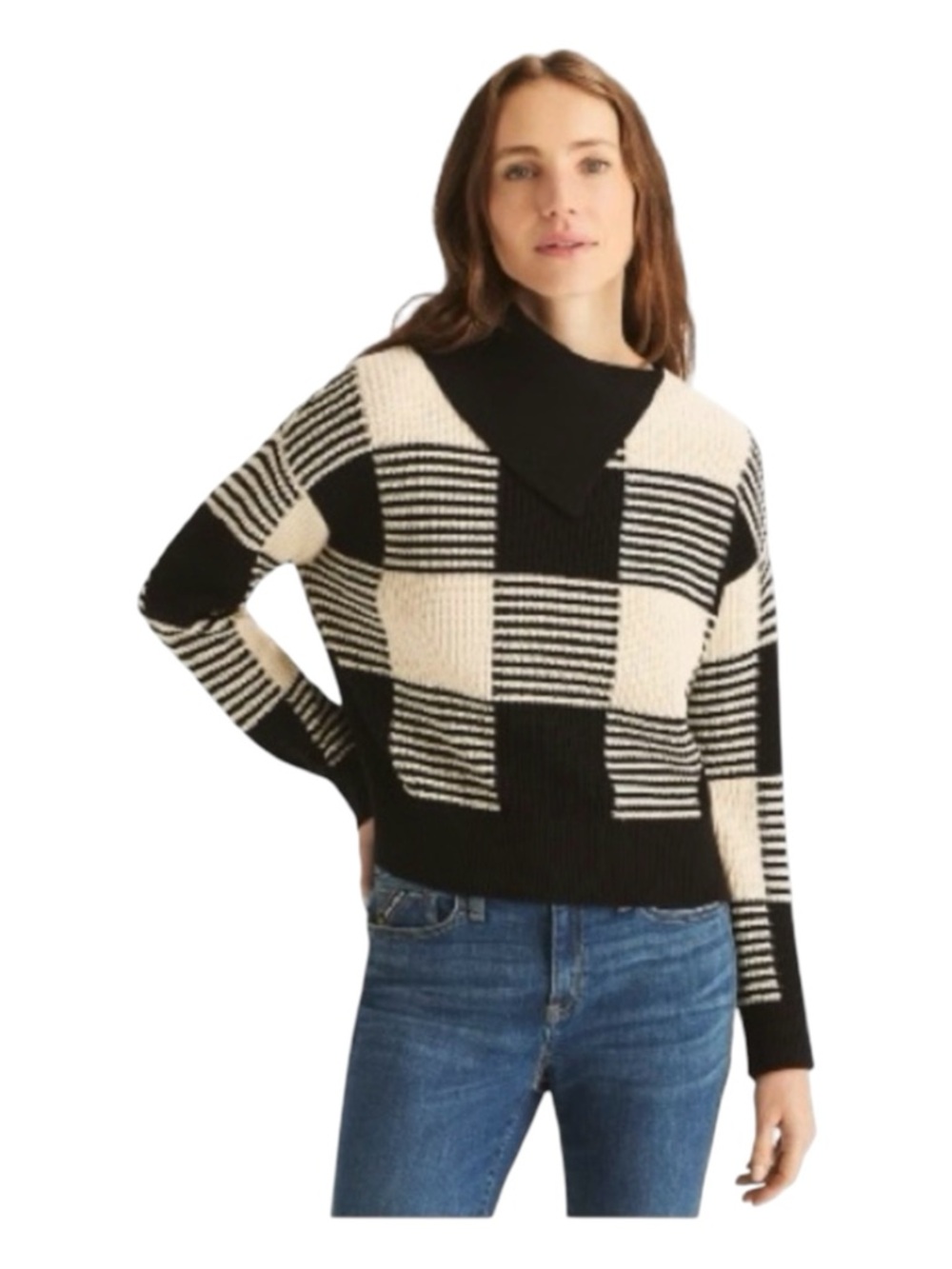 NAUTICA JEANS Buffalo-Check Drop-Shoulder Split Turtleneck Sweater, Size L.